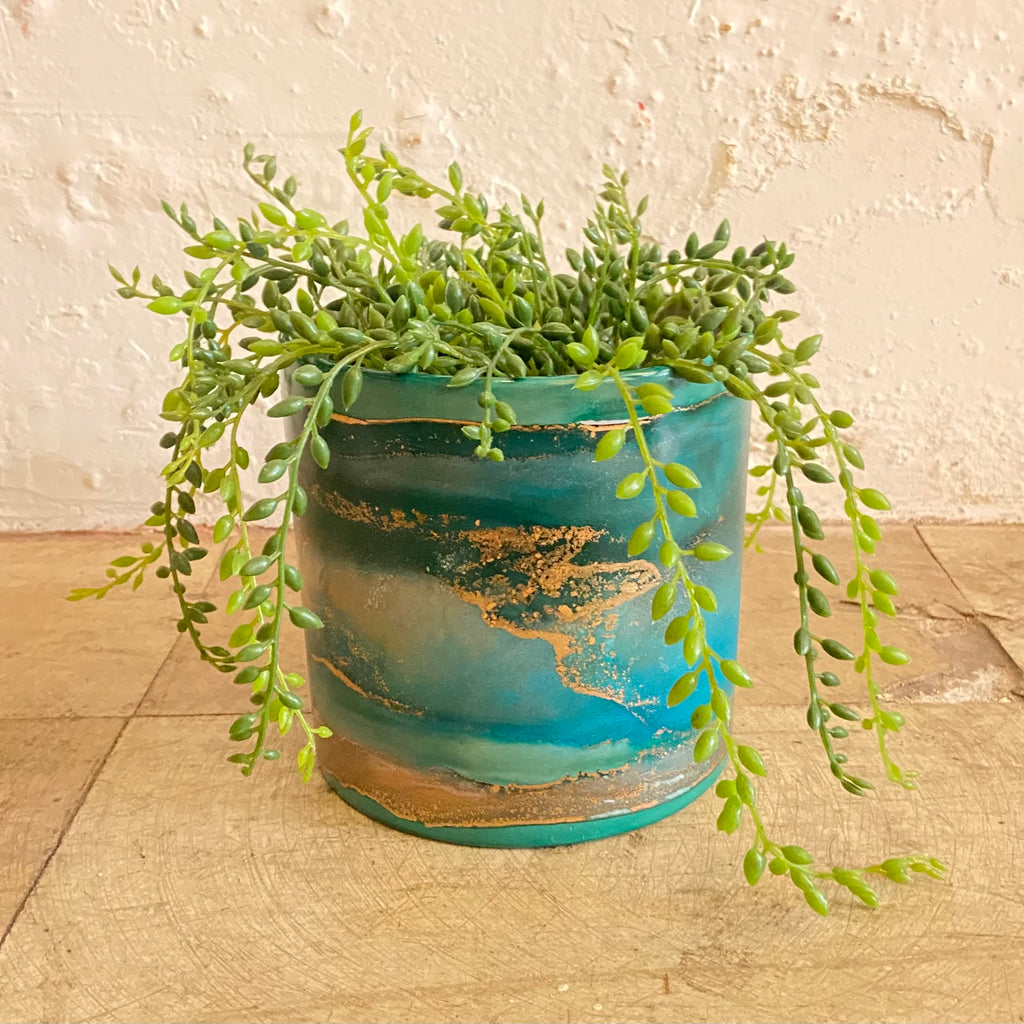 Alcohol Ink planter pot - Coppery Jade (MEDIUM)