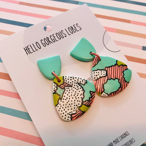 Polymer Clay Handmade Earrings - Orange, Mint & Olive Pop Art