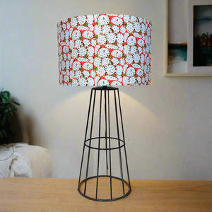 Black Wire Detailed Table Lamp with Prickly Pear on Orange Shade