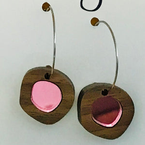 Statement Earrings - Mirror & Wood Pebble Gems