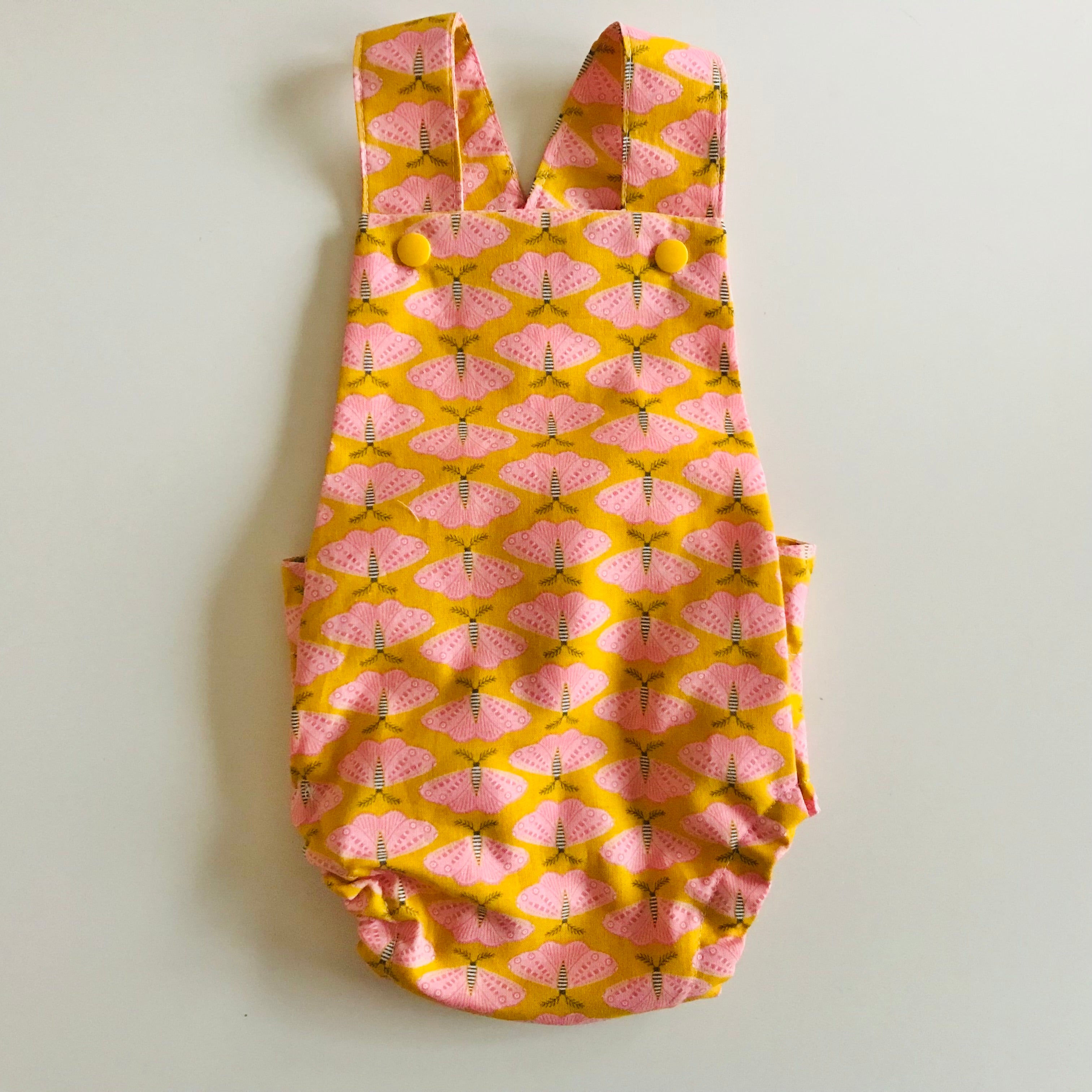 Baby Toddler Summer Romper - Pink Moths on Mustard