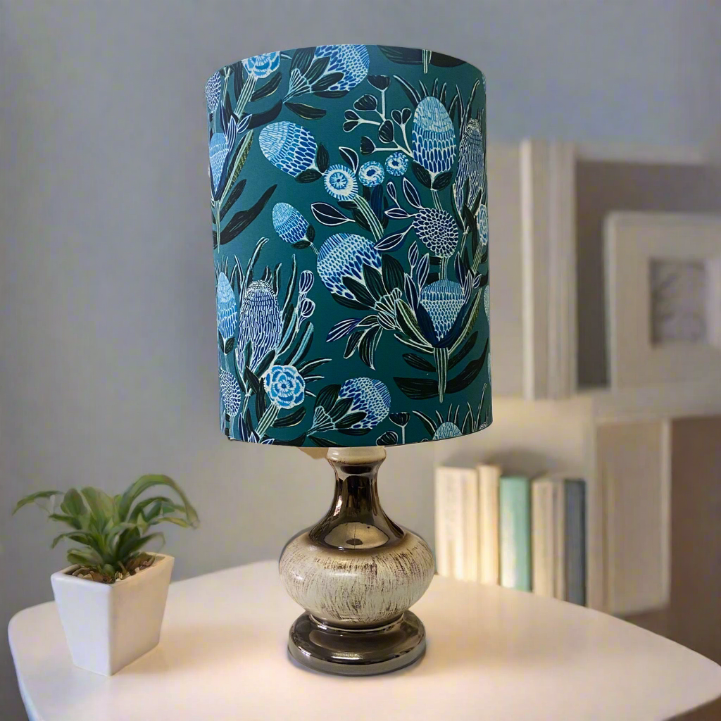 Mid-Century Ellis Era Copper Ceramic Table Lamp With Blue Bush Floral Shade