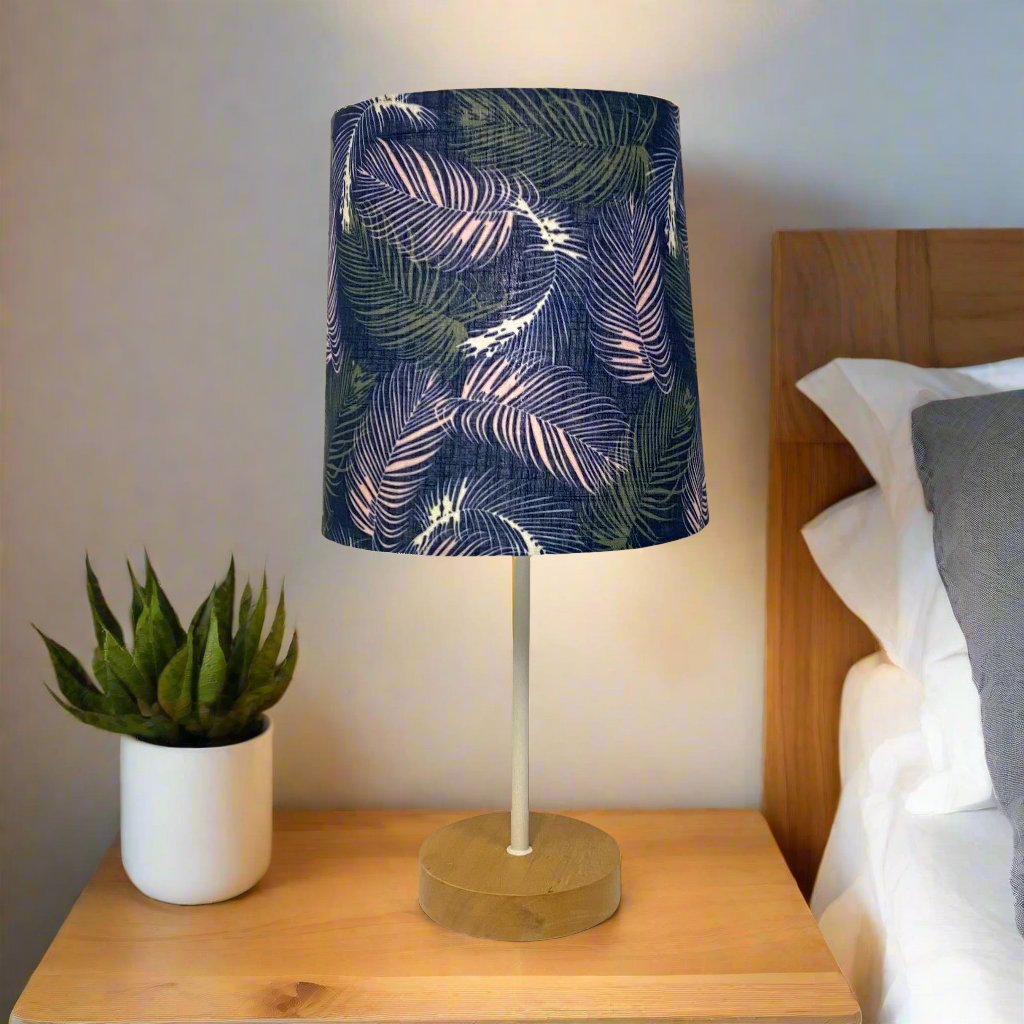 Contrasting Table Lamp with Feathery Leaves on Navy Shade