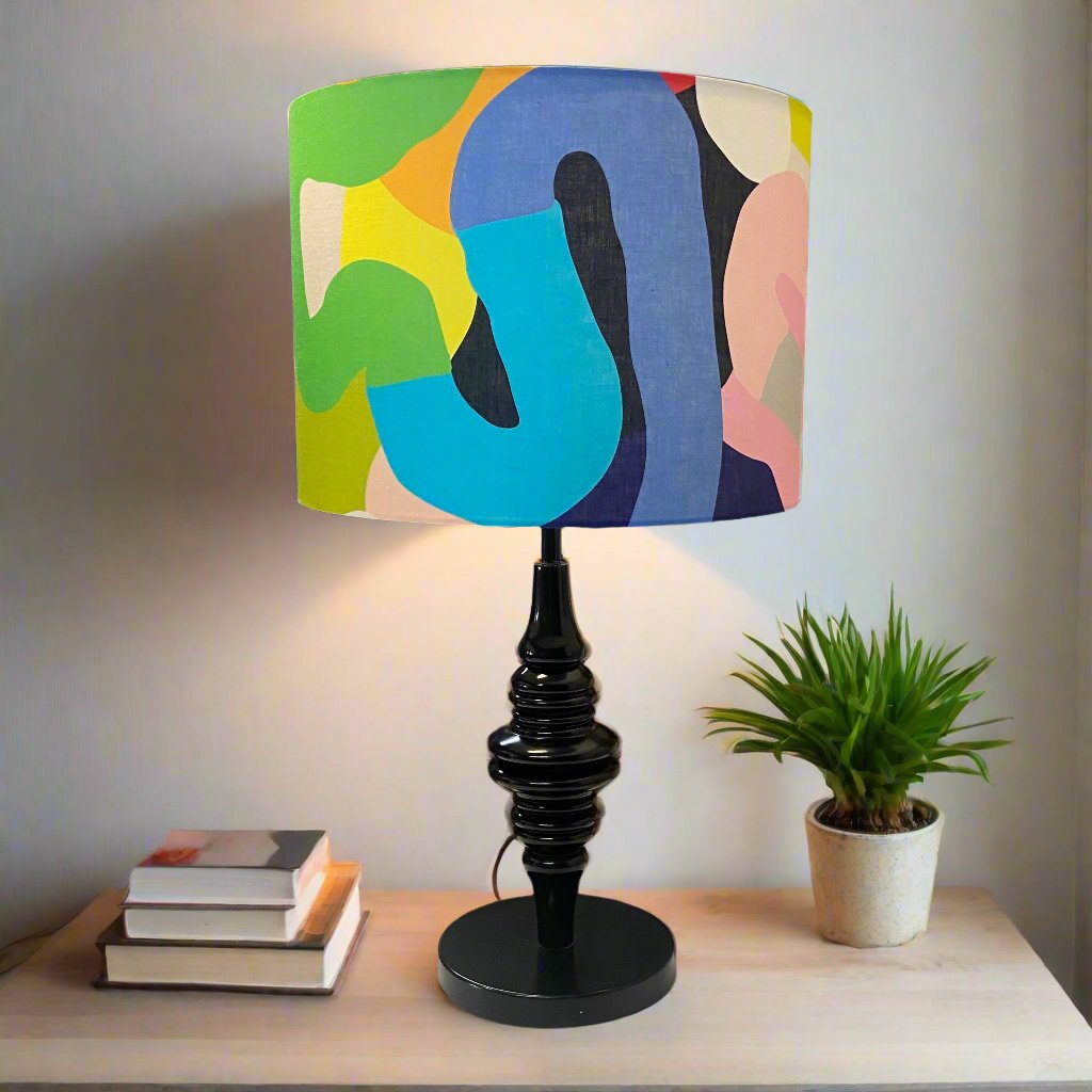 Black Bobbled Table Lamp with Colourful Abstract Shade