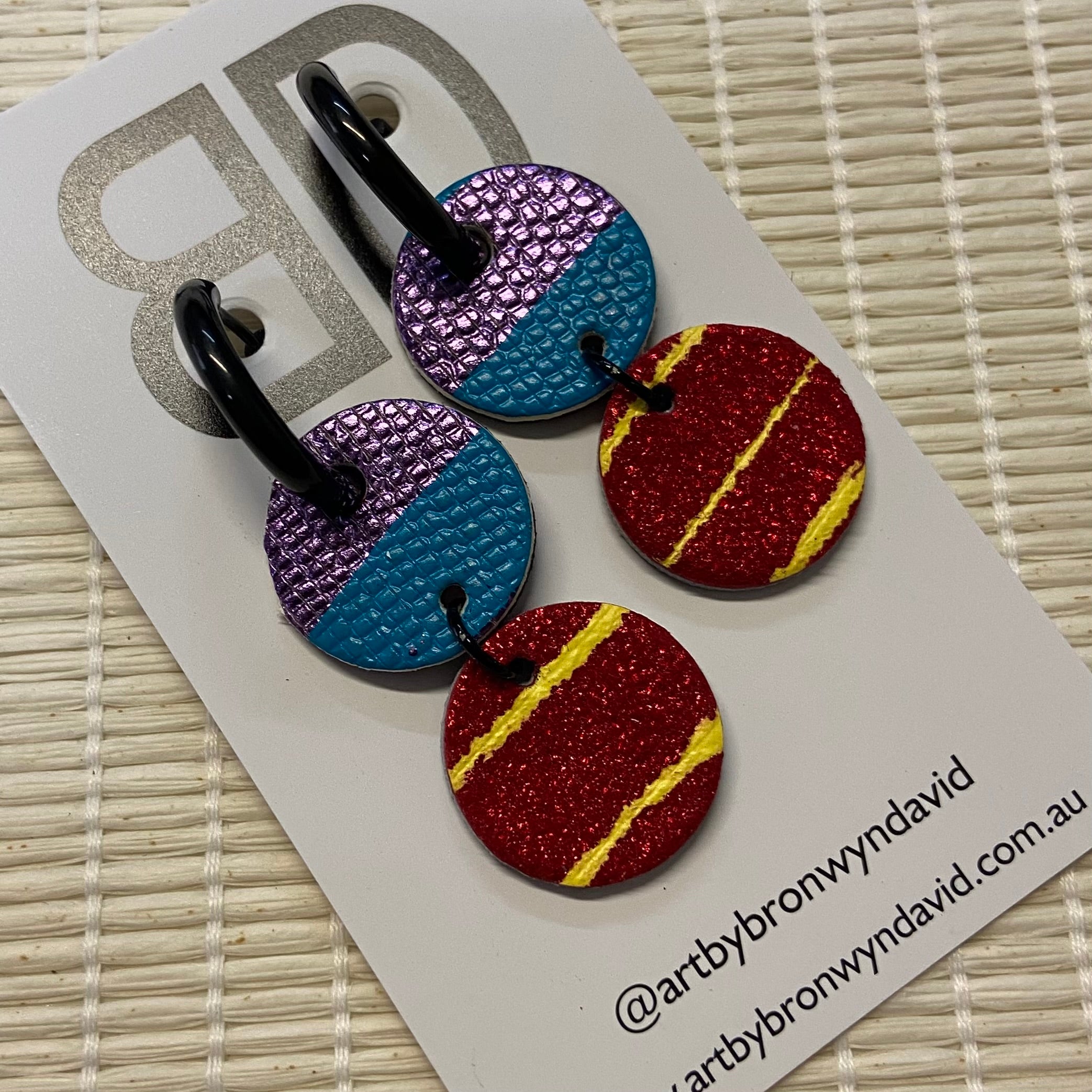 Hand painted leather bold statement earrings - Reversible Double Huggies (medium)