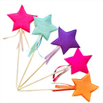 felt star fairy wand on bamboo sticks with ribbon hanging under the star.  All colours represented in a collective photo of 5 colour options