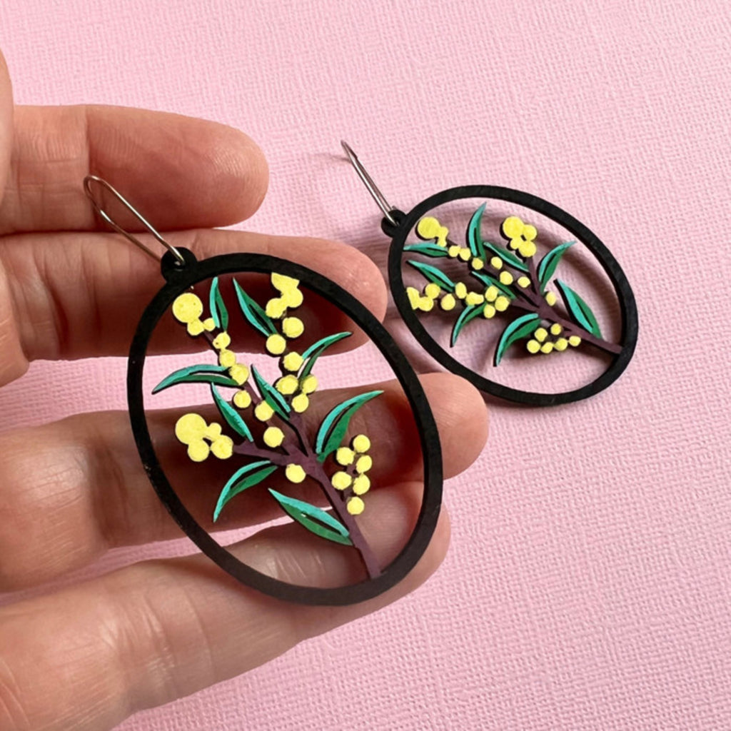 Australian Wattle Round Flora Hand-painted Wood Earrings