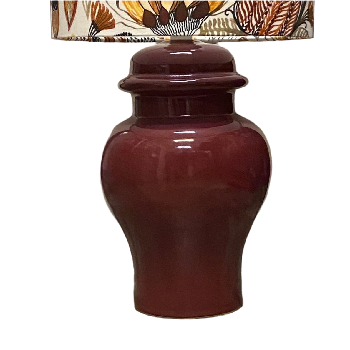 Burgundy Mid Century Ceramic Table Lamp with Neutral Natives Shade