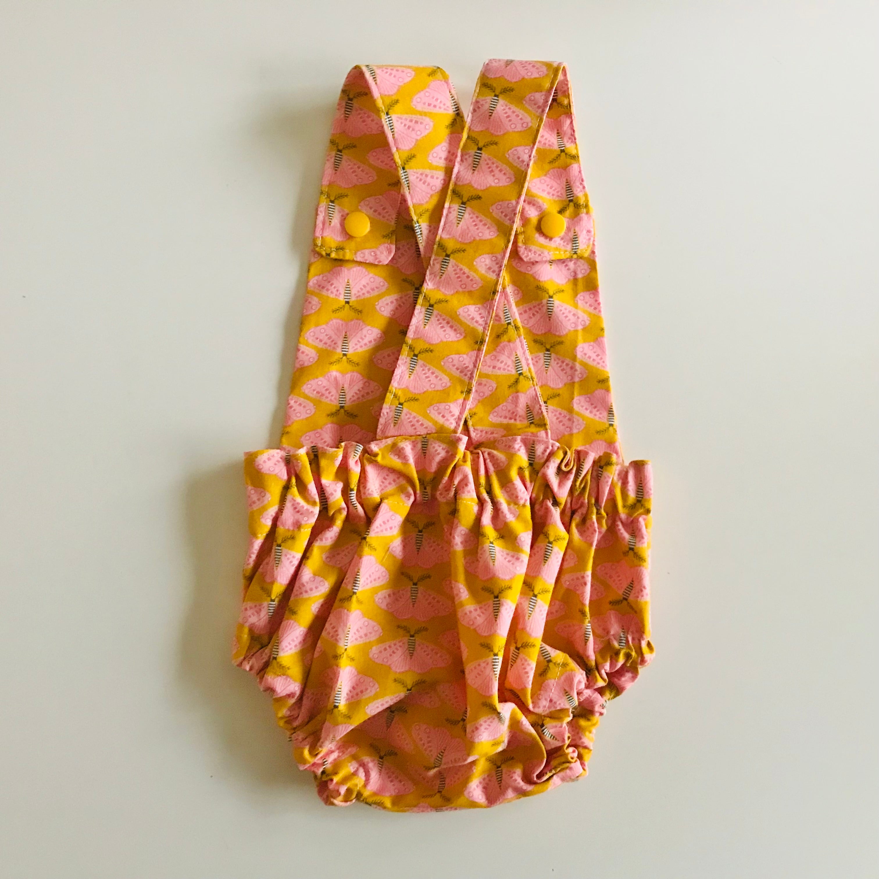 Baby Toddler Summer Romper - Pink Moths on Mustard