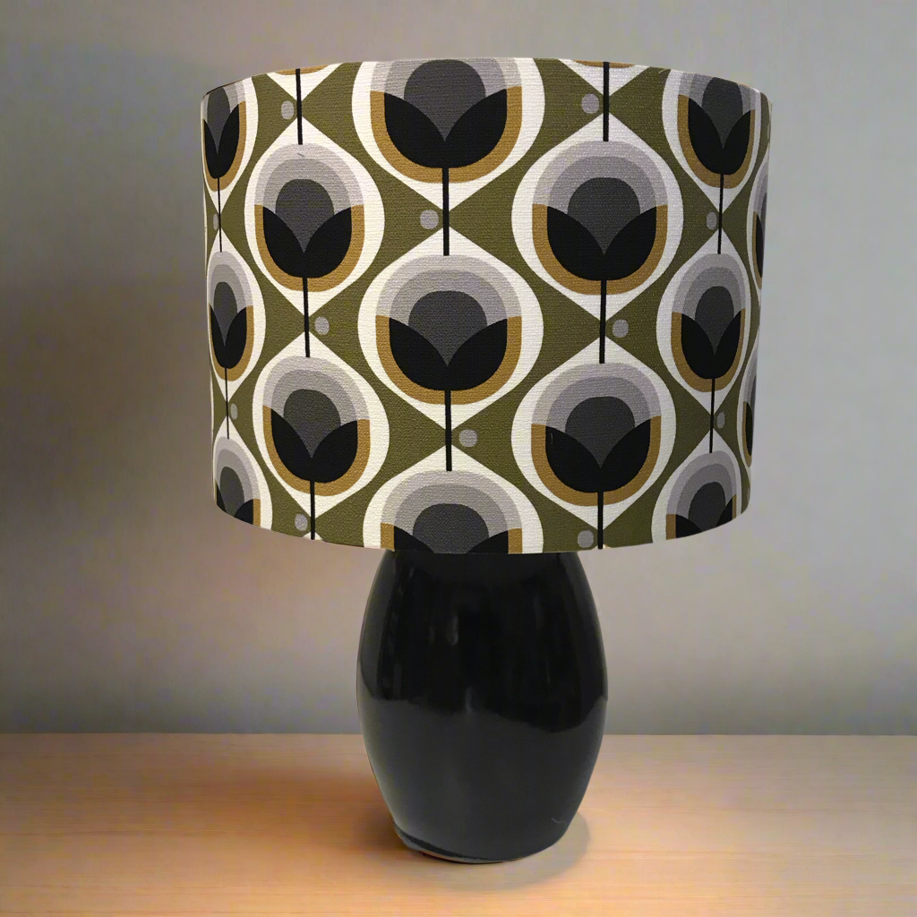 Barkcloth Olive Geo Flower Black Ceramic Table Lamp