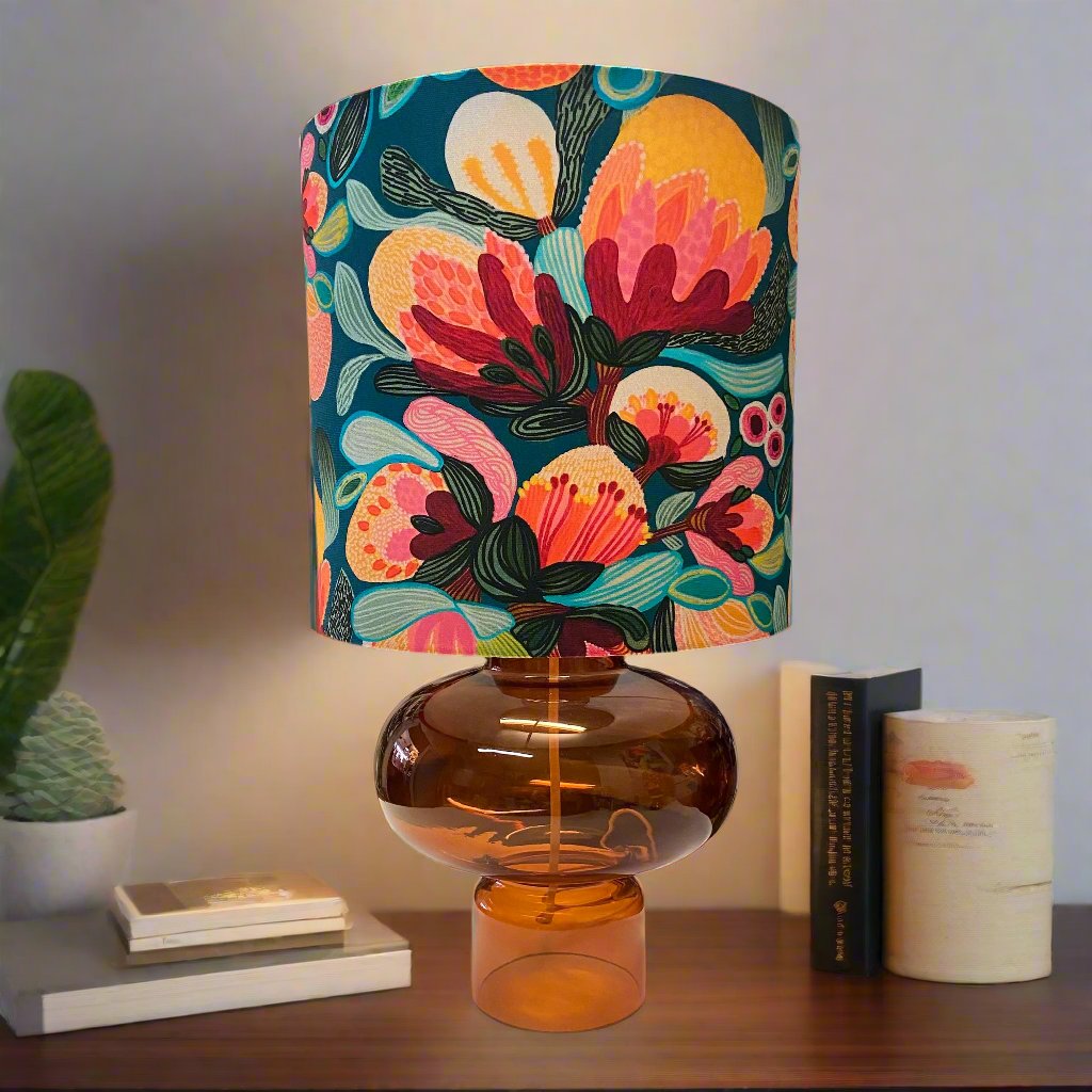 Tinted Glass Lamp with Bright Floral Shade - PAIR AVAILABLE -