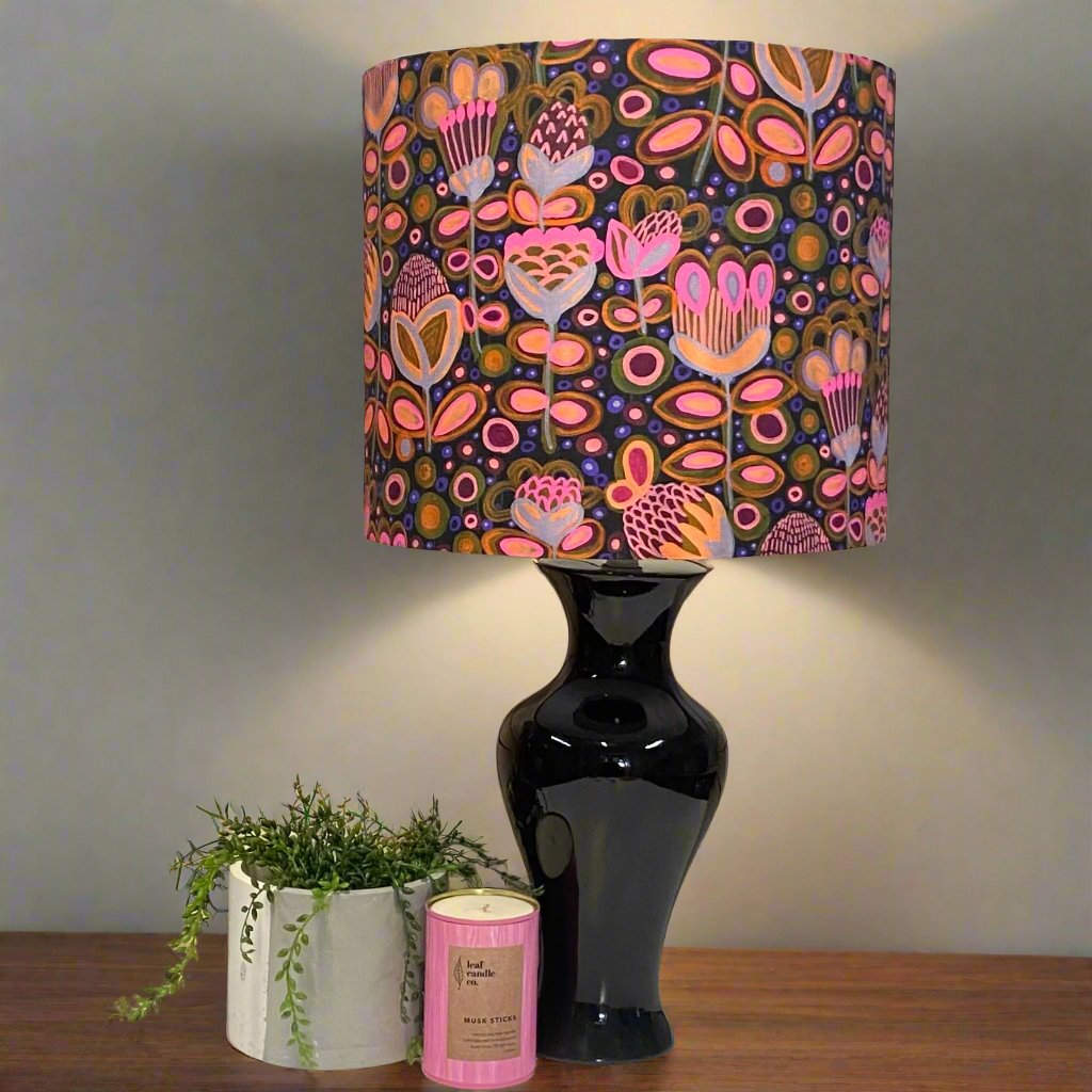 Black MCM Ceramic Lamp with Retro Floral Shade