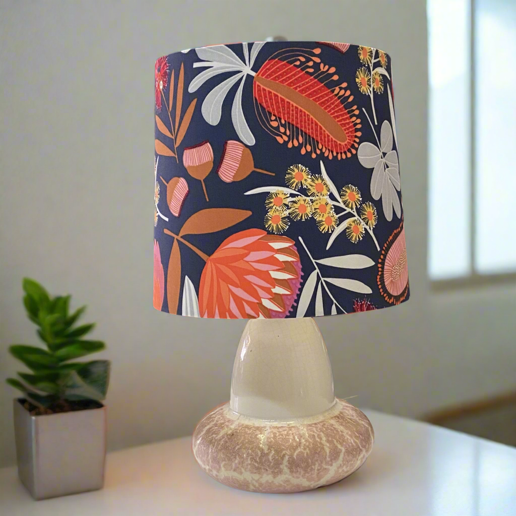 Blush Crackle Ceramic Mid-Century Table Lamp with Warm Australian Floral Shade