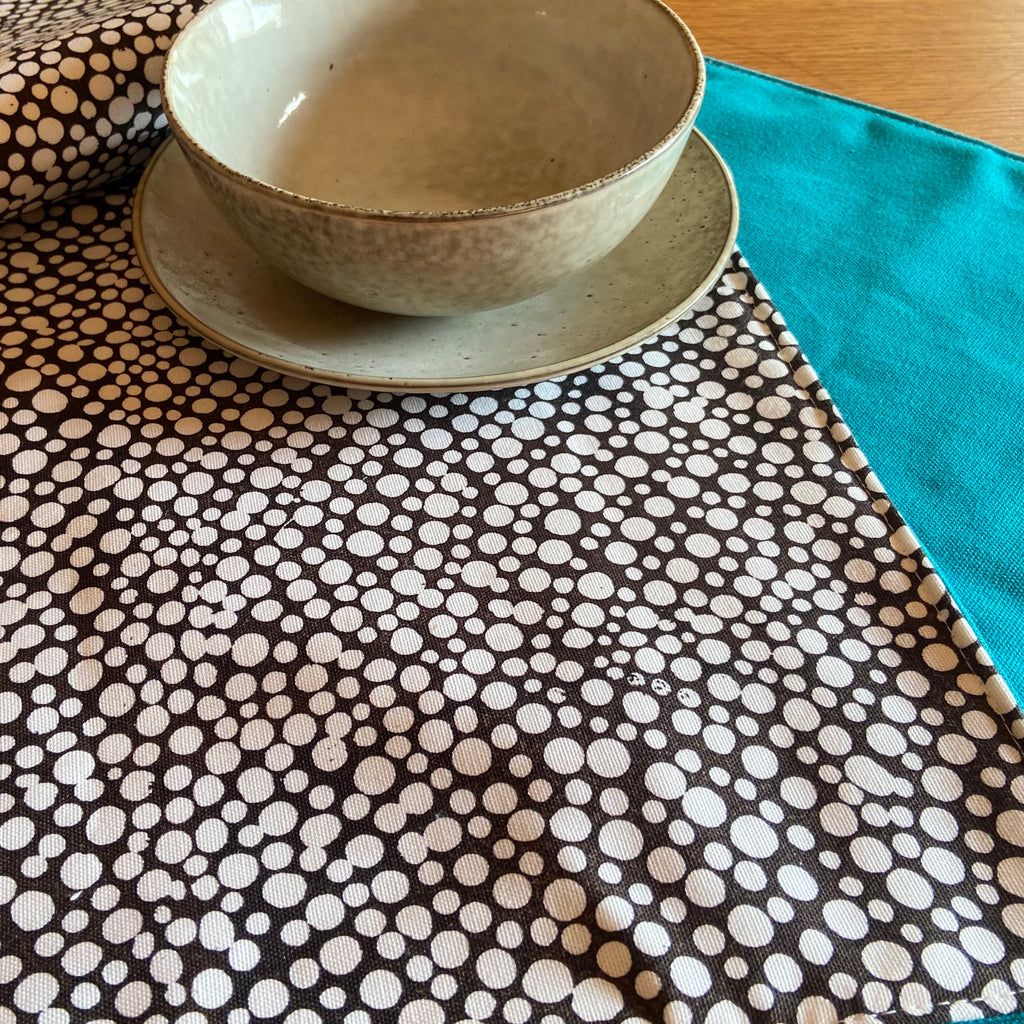 Reversible Placemats - Black & White Pebbles with Teal Reverse (set of 4)