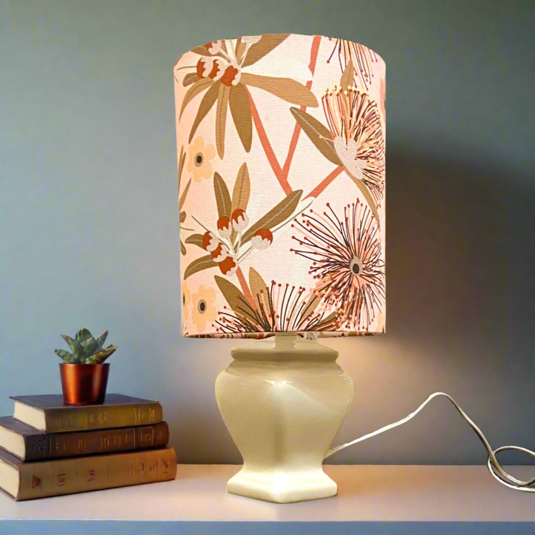 Cream Ceramic Table Lamp With Blush Floral Shade