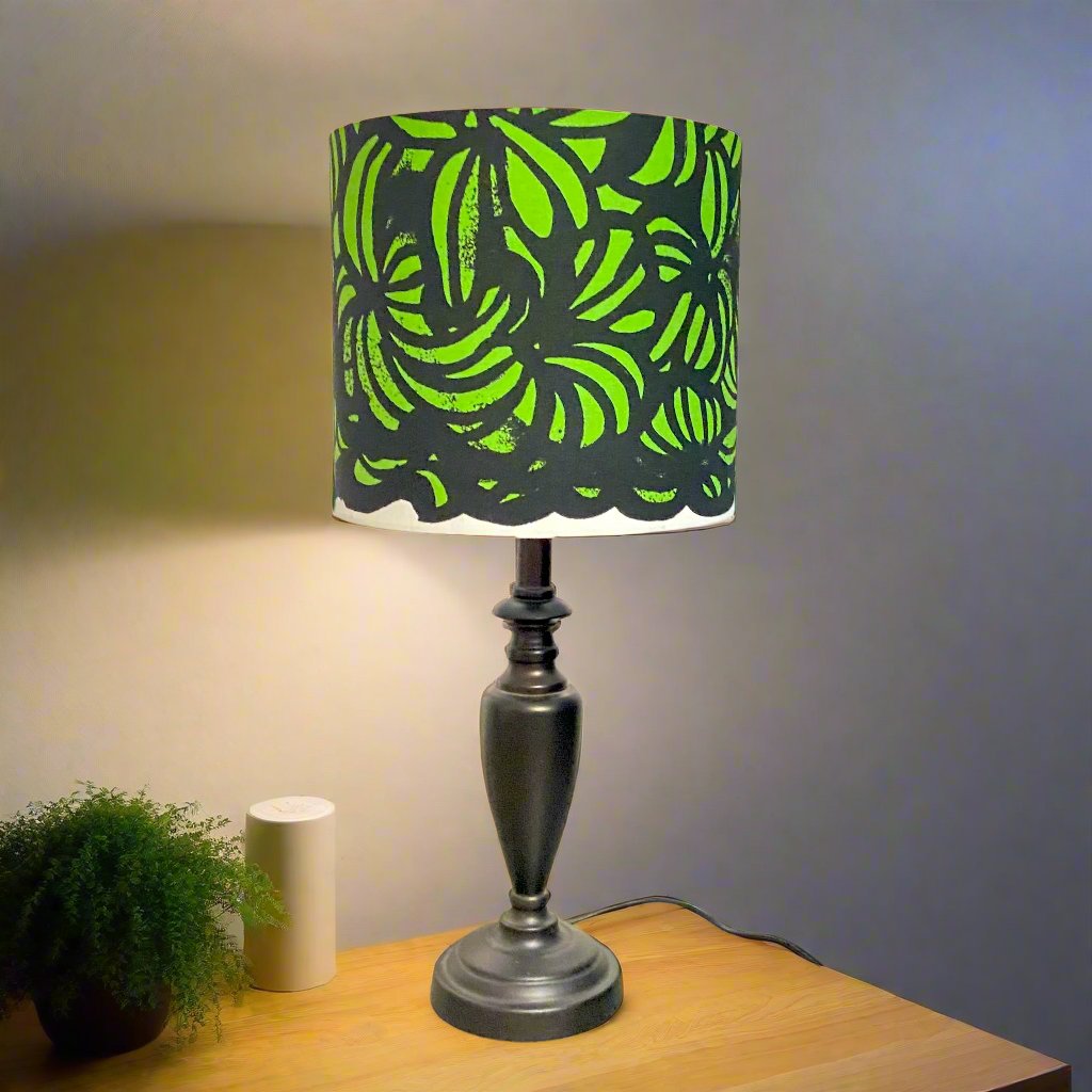 Black Ornate Table Lamp with Lime Marimekko Shade