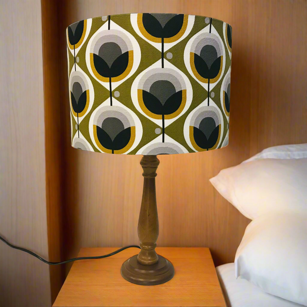 Barkcloth Geo Flower in Olive Timber Table Lamp