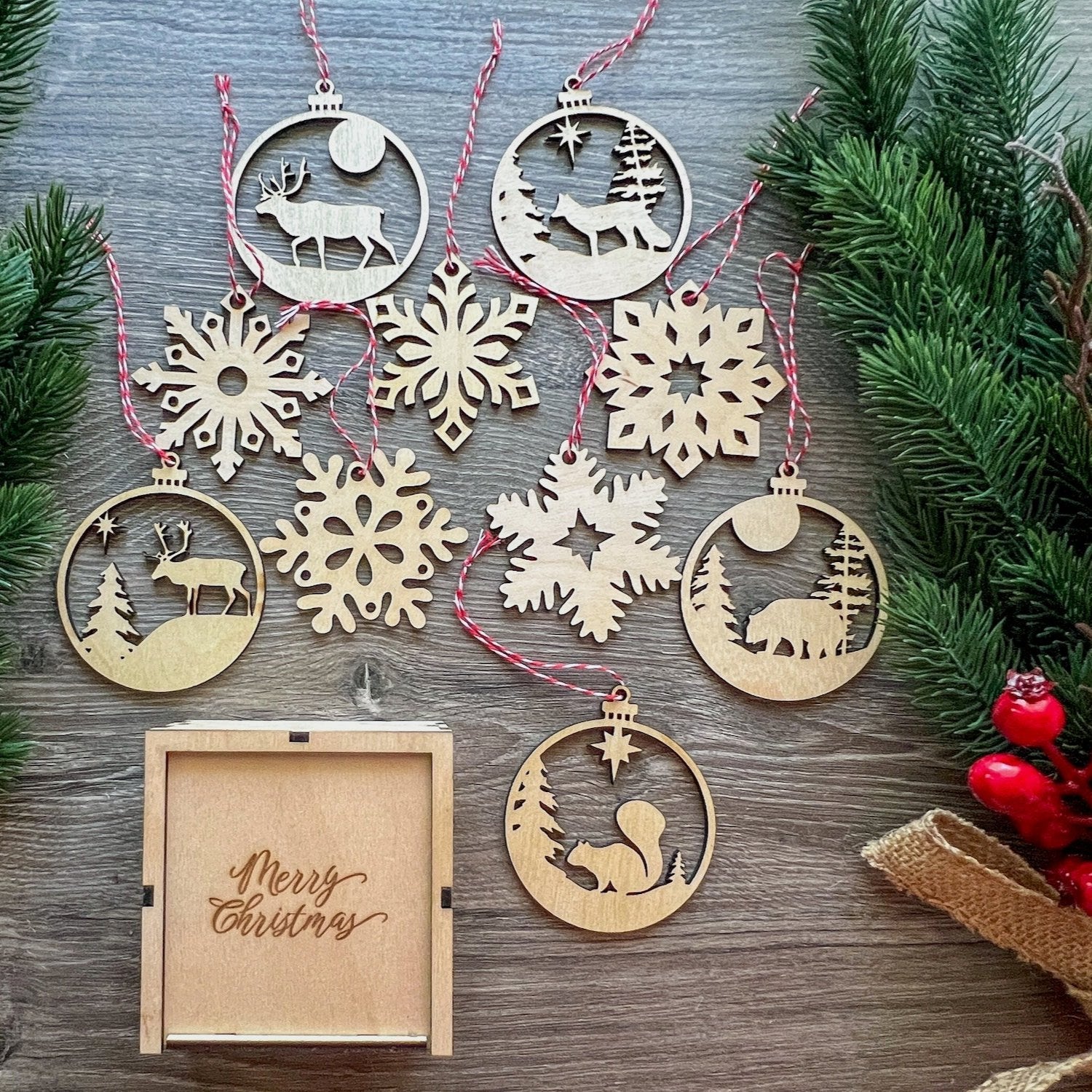 Wooden Christmas Decorations - 10 Pack