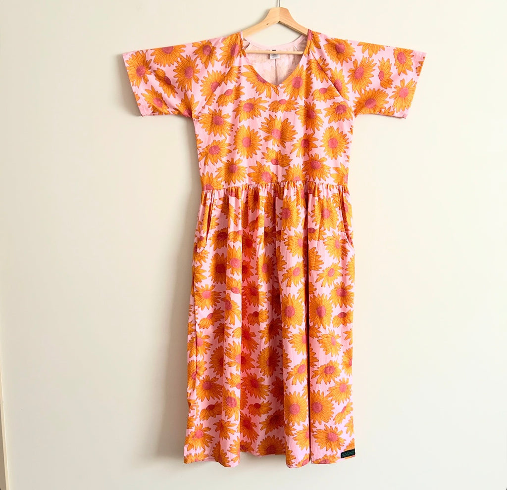 Women’s Handmade Ripple Dress with Pockets - Pink & Yellow Sunflower / LARGE