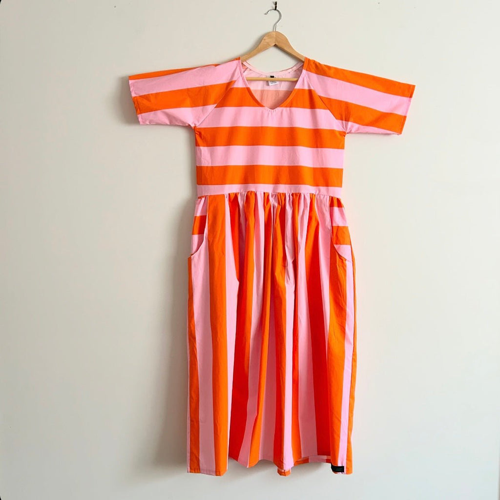 Women’s Handmade Ripple Dress with Pockets - Pink & Orange Stripe / SMALL