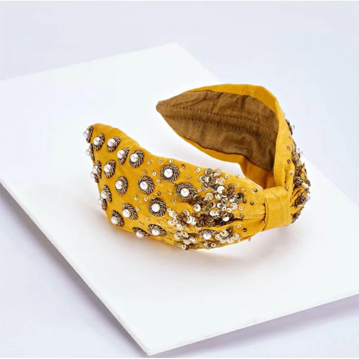 Hand Embroidered Bead Detail Luxury Headband - Rachel Mustard ** ON SALE **