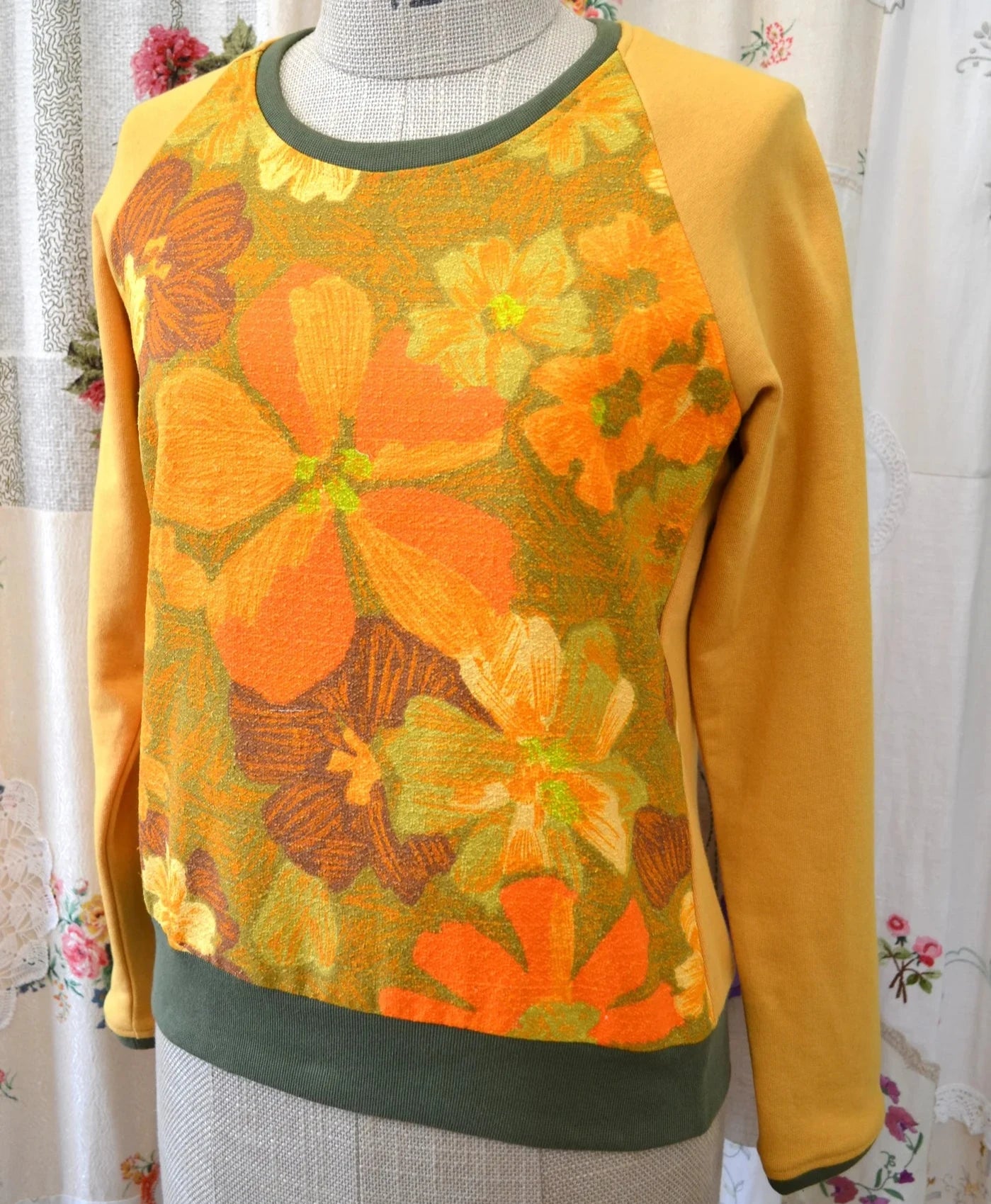 Women's Handmade Long Sleeve Raglan Top - Sunshine Floral Cotton