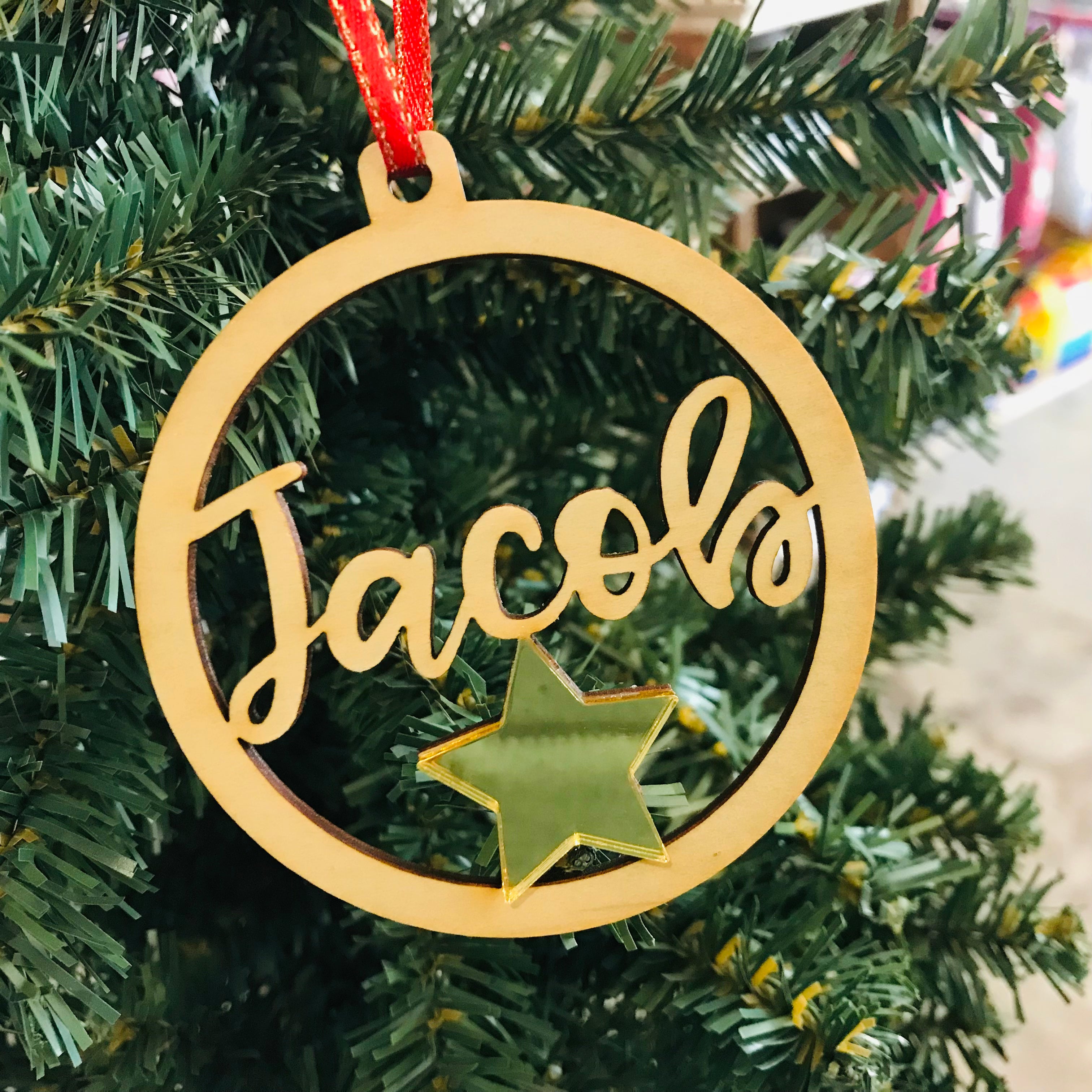 Christmas Personalised Decorations - Lasercut Plywood with Acrylic Star